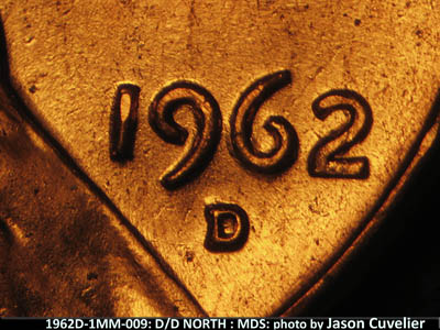 Die-stage B marker on 1962D•1MM•009 (1962 Repunched Mint Mark).