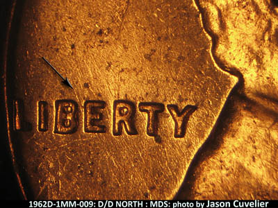 Die-stage B marker on 1962D•1MM•009 (1962 Repunched Mint Mark).