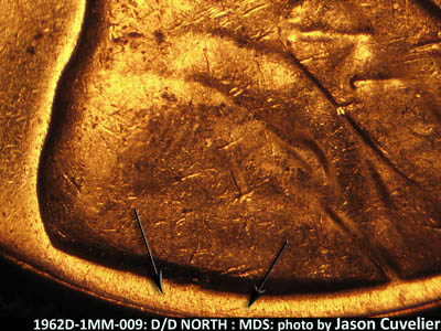 Die-stage B marker on 1962D•1MM•009 (1962 Repunched Mint Mark).