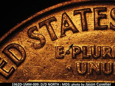 Die-stage B marker on 1962D•1MM•009 (1962 Repunched Mint Mark).