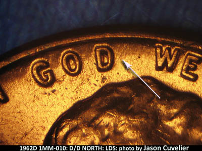 Die-stage C marker on 1962D•1MM•010 (1962 Repunched Mint Mark).