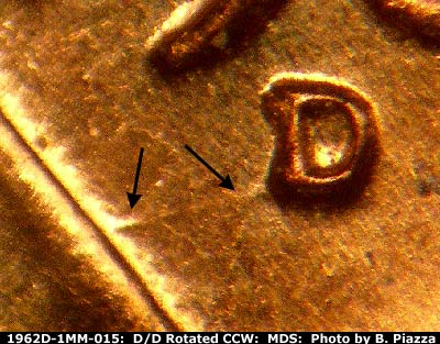 Die-stage B marker on 1962D•1MM•015 (1962 Repunched Mint Mark).
