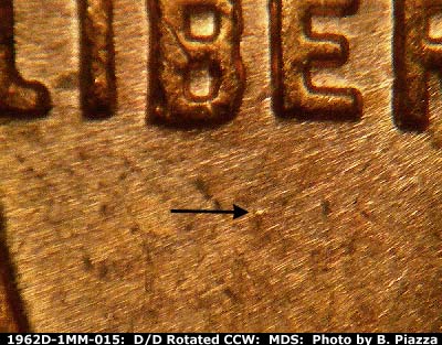 Die-stage B marker on 1962D•1MM•015 (1962 Repunched Mint Mark).