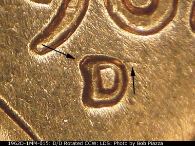 Die-stage C marker on 1962D•1MM•015 (1962 Repunched Mint Mark).