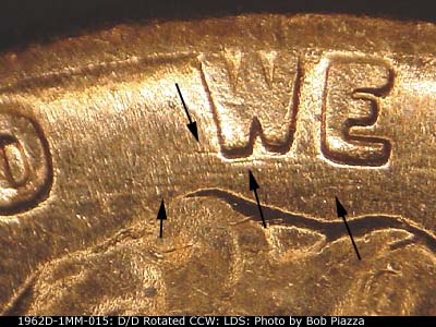 Die-stage C marker on 1962D•1MM•015 (1962 Repunched Mint Mark).