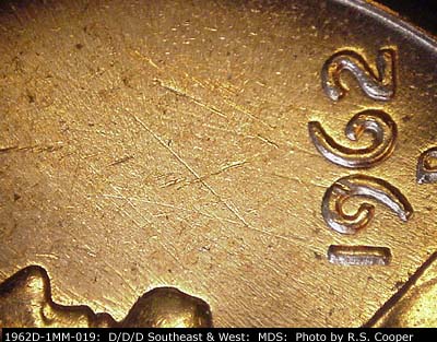Die-stage B marker on 1962D•1MM•019 (1962 Repunched Mint Mark).