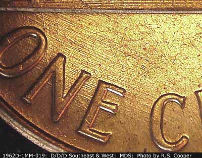 Die-stage B marker on 1962D•1MM•019 (1962 Repunched Mint Mark).