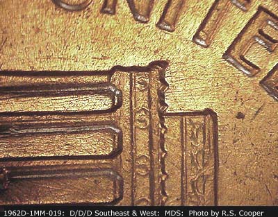 Die-stage B marker on 1962D•1MM•019 (1962 Repunched Mint Mark).