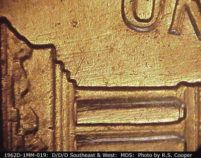 Die-stage B marker on 1962D•1MM•019 (1962 Repunched Mint Mark).