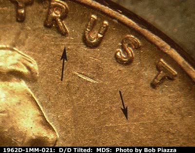 Die-stage B marker on 1962D•1MM•021 (1962 Repunched Mint Mark).
