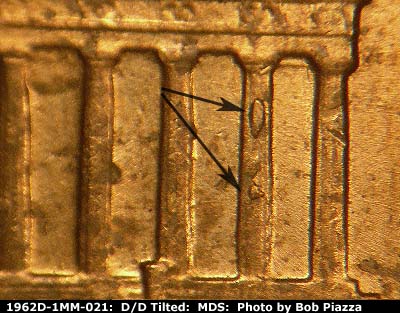 Die-stage B marker on 1962D•1MM•021 (1962 Repunched Mint Mark).