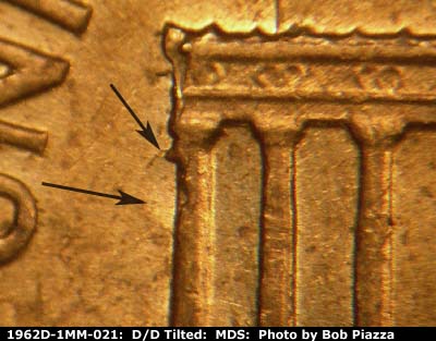Die-stage B marker on 1962D•1MM•021 (1962 Repunched Mint Mark).