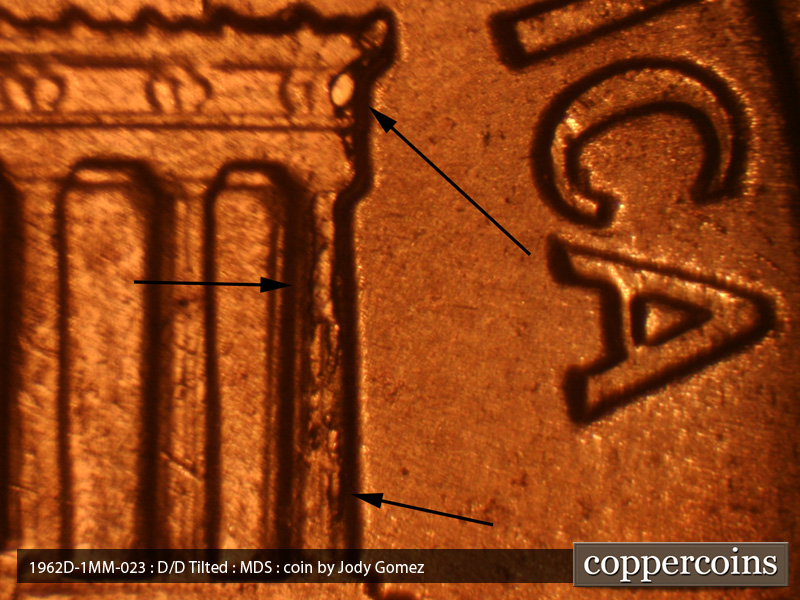 Die-stage B marker on 1962D•1MM•023 (1962 Repunched Mint Mark).
