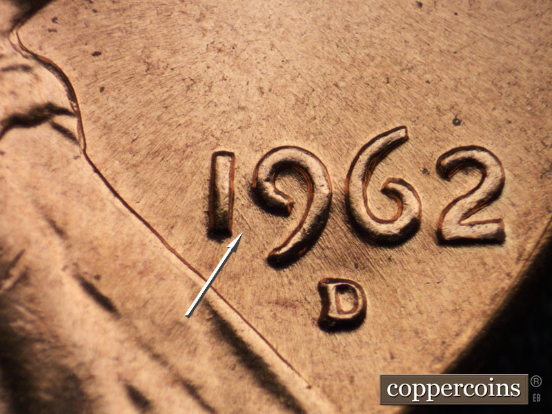 Die-stage B marker on 1962D•1MM•027 (1962 Repunched Mint Mark).