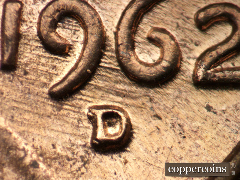 1962 Lincoln cent obverse, CopperCoins die 1962D•1MM•029.