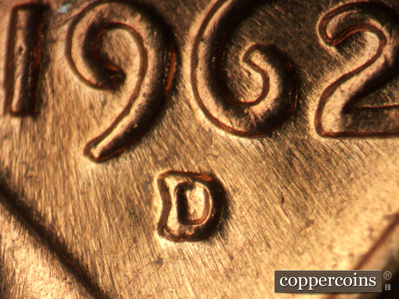 1962 Lincoln cent obverse, CopperCoins die 1962D•1MM•031.