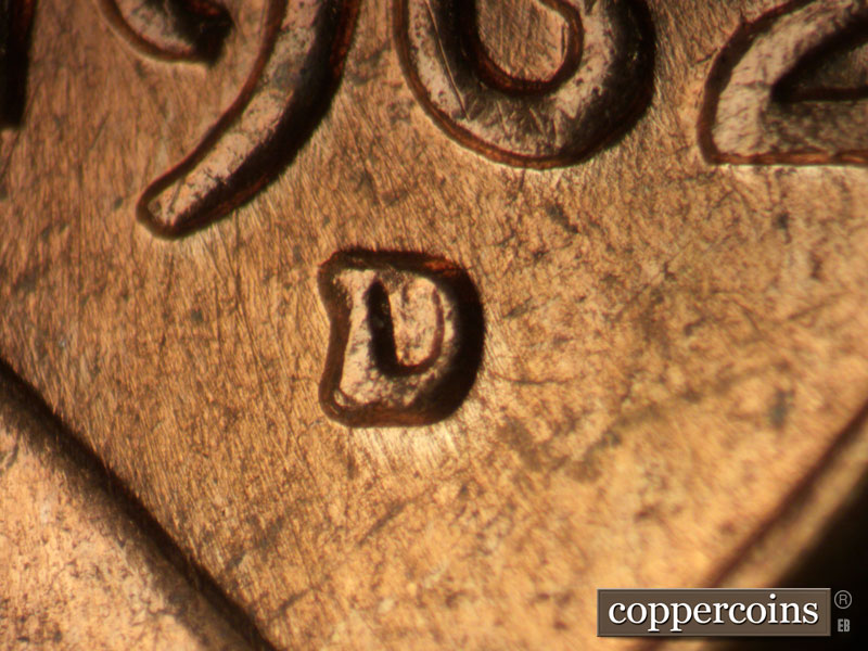 1962 Lincoln cent obverse, CopperCoins die 1962D•1MM•032.
