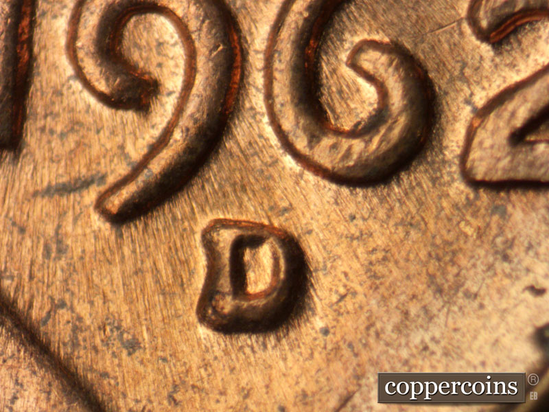 1962 Lincoln cent obverse, CopperCoins die 1962D•1MM•033.