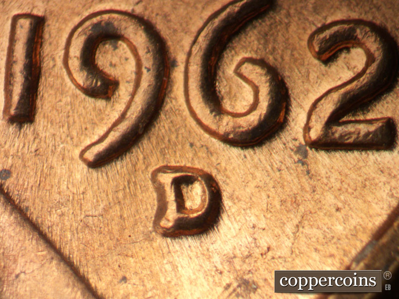 1962 Lincoln cent obverse, CopperCoins die 1962D•1MM•034.