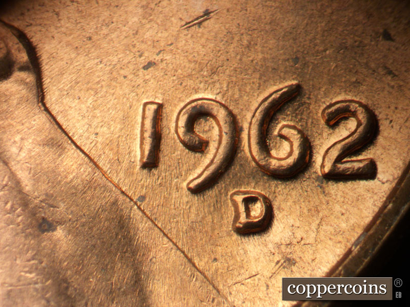 Die-stage B marker on 1962D•1MM•034 (1962 Repunched Mint Mark).