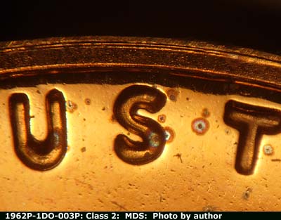 Die-stage B marker on 1962P•1DO•003P (1962 Doubled Die Obverse).