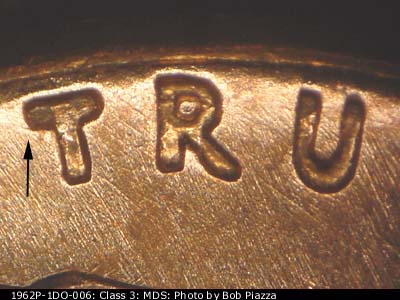 Die-stage B marker on 1962P•1DO•006 (1962 Doubled Die Obverse).