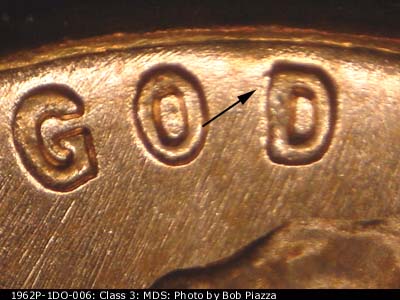 Die-stage B marker on 1962P•1DO•006 (1962 Doubled Die Obverse).