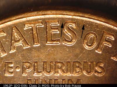 Die-stage B marker on 1962P•1DO•006 (1962 Doubled Die Obverse).