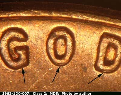 Die-stage B marker on 1962P•1DO•007 (1962 Doubled Die Obverse).