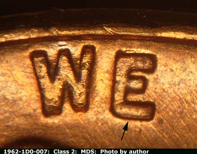 Die-stage B marker on 1962P•1DO•007 (1962 Doubled Die Obverse).