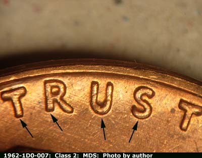 Die-stage B marker on 1962P•1DO•007 (1962 Doubled Die Obverse).