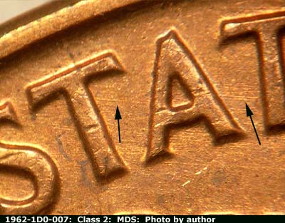 Die-stage B marker on 1962P•1DO•007 (1962 Doubled Die Obverse).