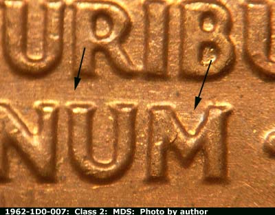 Die-stage B marker on 1962P•1DO•007 (1962 Doubled Die Obverse).