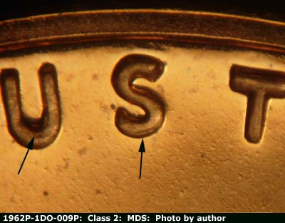 Die-stage B marker on 1962P•1DO•009P (1962 Doubled Die Obverse).
