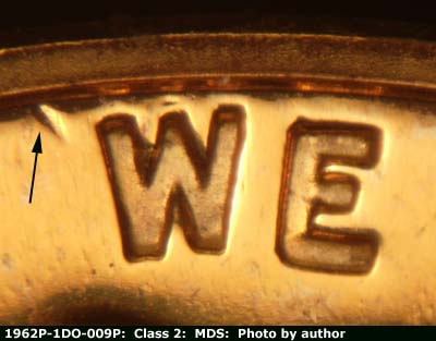 Die-stage B marker on 1962P•1DO•009P (1962 Doubled Die Obverse).