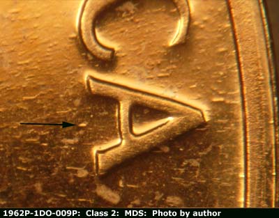 Die-stage B marker on 1962P•1DO•009P (1962 Doubled Die Obverse).