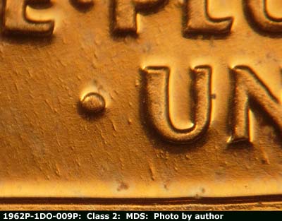 Die-stage B marker on 1962P•1DO•009P (1962 Doubled Die Obverse).