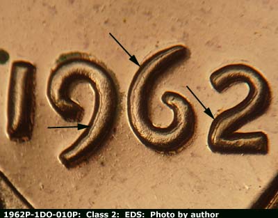 Die-stage A marker on 1962P•1DO•010P (1962 Doubled Die Obverse).