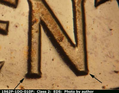 Die-stage A marker on 1962P•1DO•010P (1962 Doubled Die Obverse).