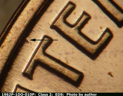 Die-stage A marker on 1962P•1DO•010P (1962 Doubled Die Obverse).