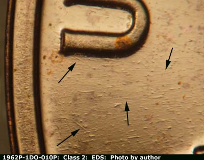 Die-stage A marker on 1962P•1DO•010P (1962 Doubled Die Obverse).