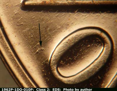 Die-stage A marker on 1962P•1DO•010P (1962 Doubled Die Obverse).