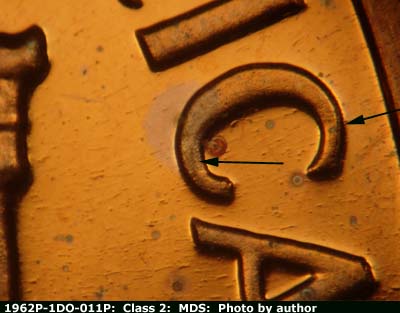 Die-stage B marker on 1962P•1DO•011P (1962 Doubled Die Obverse).