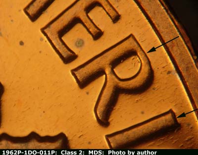 Die-stage B marker on 1962P•1DO•011P (1962 Doubled Die Obverse).