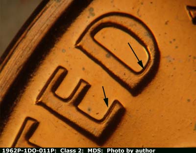 Die-stage B marker on 1962P•1DO•011P (1962 Doubled Die Obverse).
