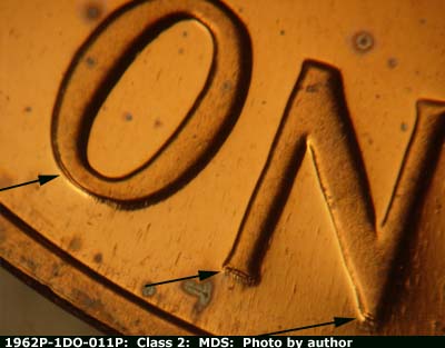 Die-stage B marker on 1962P•1DO•011P (1962 Doubled Die Obverse).