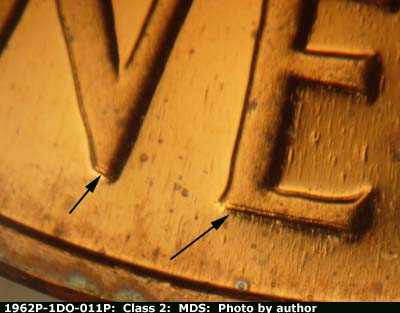 Die-stage B marker on 1962P•1DO•011P (1962 Doubled Die Obverse).