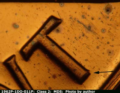 Die-stage B marker on 1962P•1DO•011P (1962 Doubled Die Obverse).