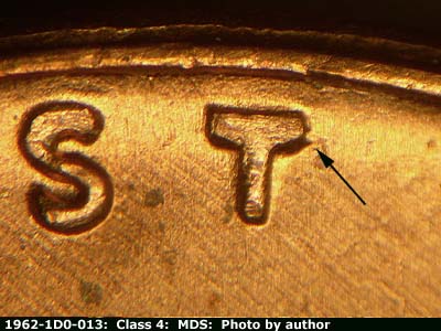 Die-stage B marker on 1962P•1DO•013 (1962 Doubled Die Obverse).