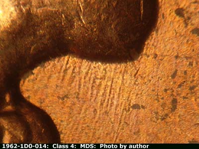 Die-stage B marker on 1962P•1DO•014 (1962 Doubled Die Obverse).
